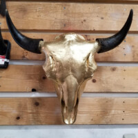 Gold-painted bull skull with black horns mounted on a wooden wall with horizontal slats.